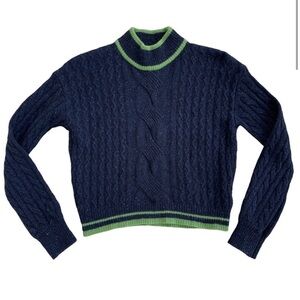 VEDA Paro Wool Navy Cable Knit Sweater,  Green Accents XS